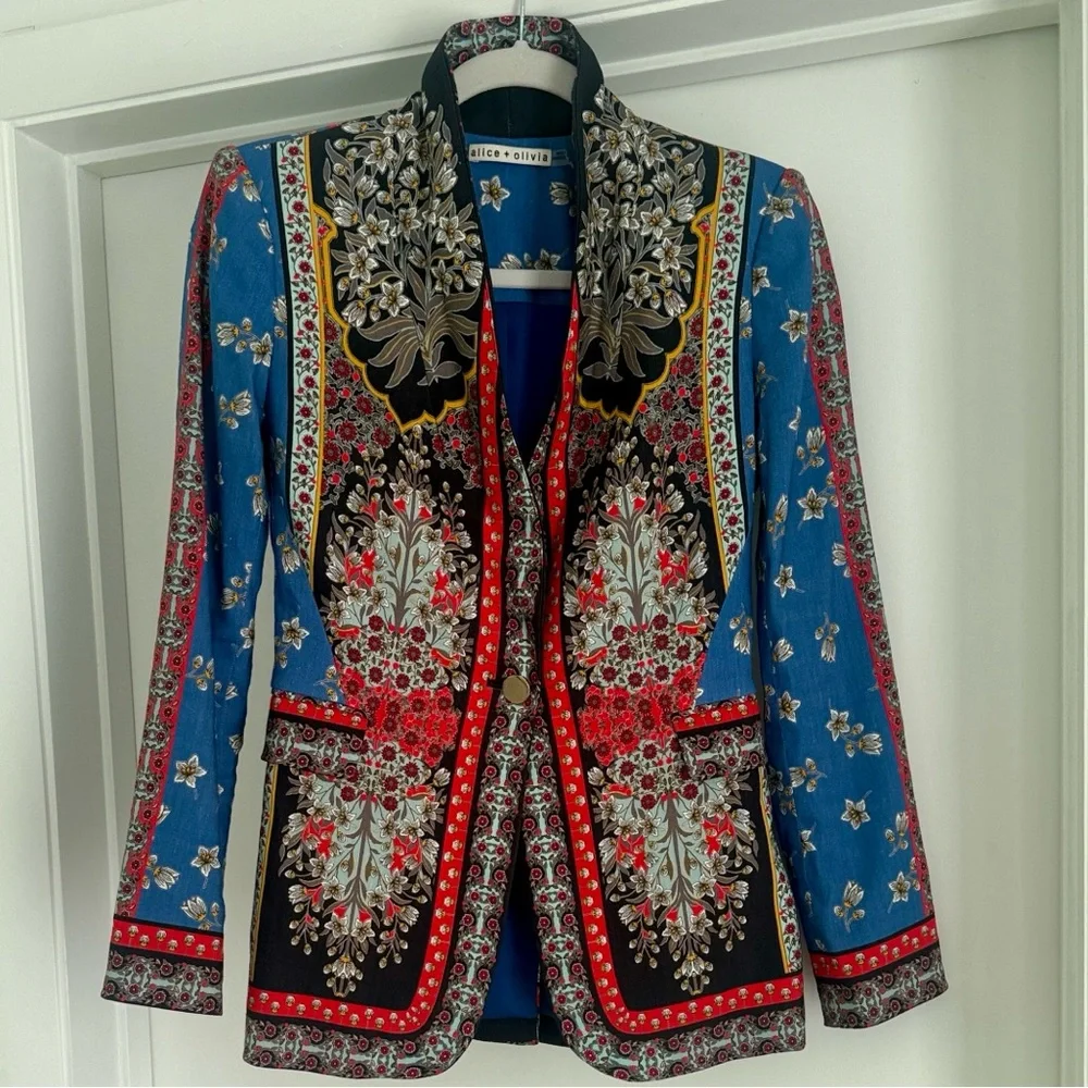 Alice + Olivia Macey Linen Blazer Floral Scarf Print Blue Red Size 2 - Picture 16 of 16